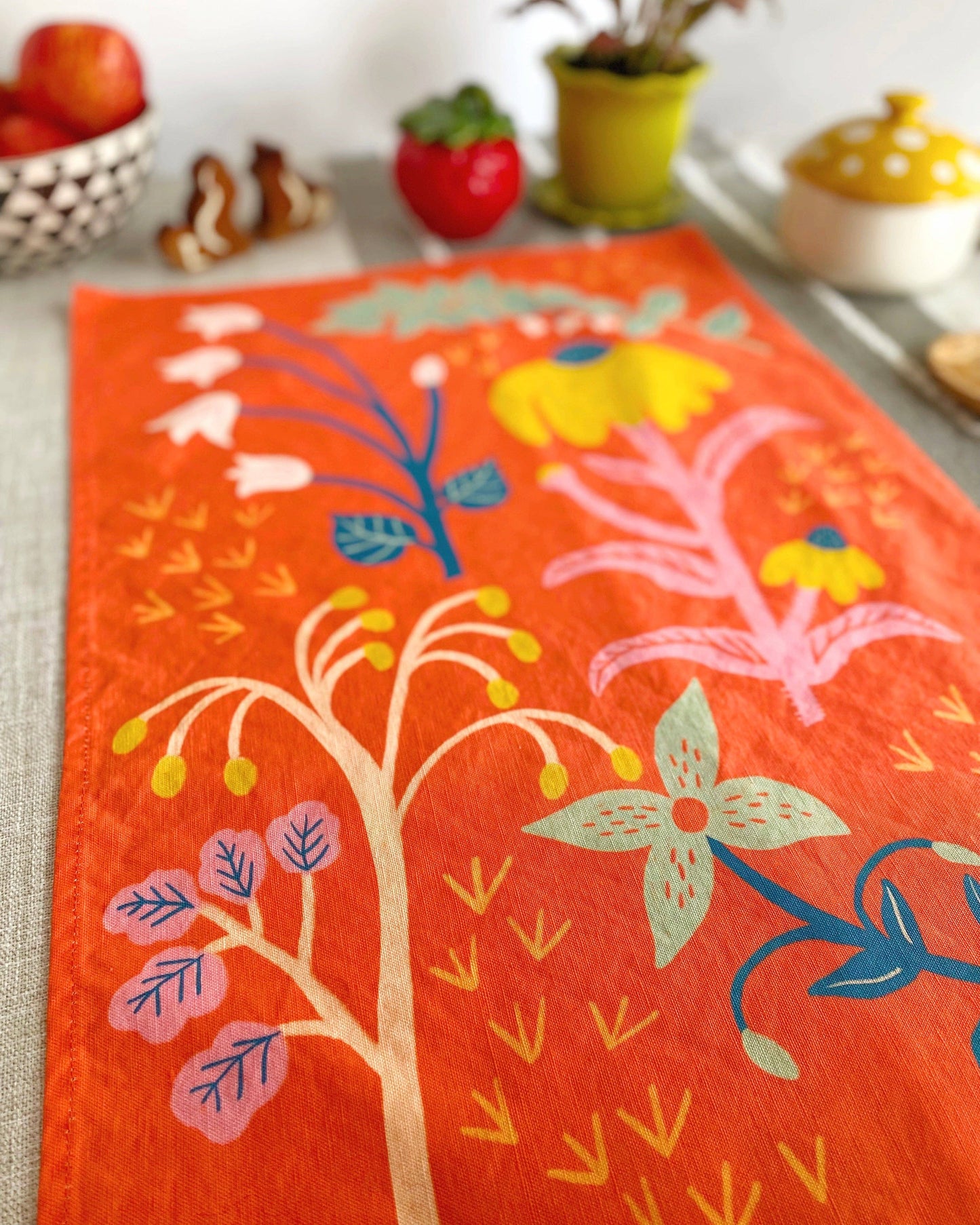 Dream Folk Studio - Coral Red Wildflowers Linen Cotton Handmade Tea Towel