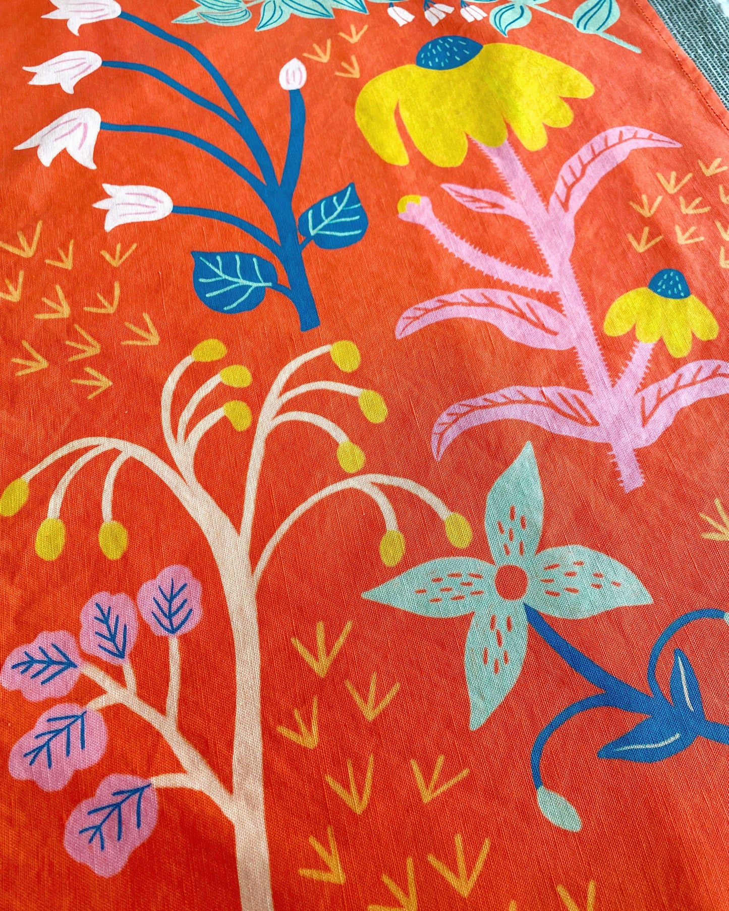 Dream Folk Studio - Coral Red Wildflowers Linen Cotton Handmade Tea Towel