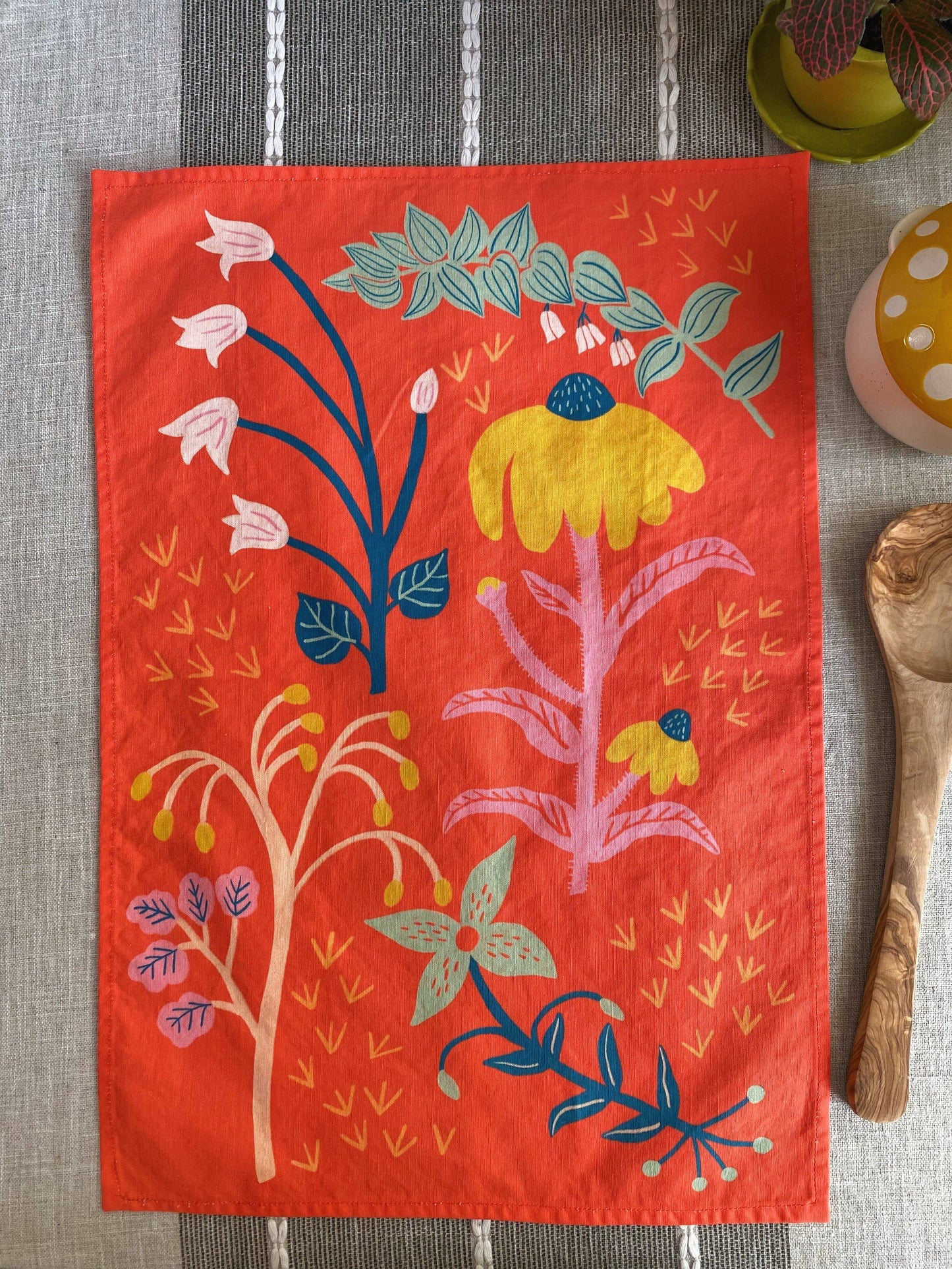 Dream Folk Studio - Coral Red Wildflowers Linen Cotton Handmade Tea Towel