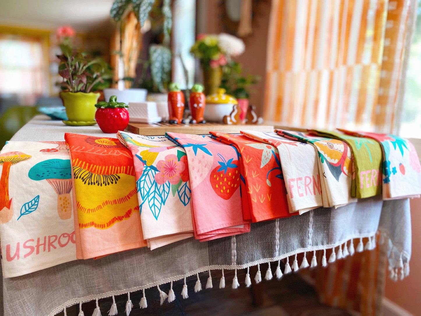 Dream Folk Studio - Coral Red Wildflowers Linen Cotton Handmade Tea Towel