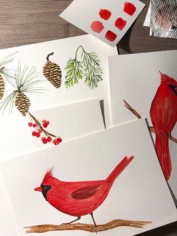 Jennifer Vaudo Art - Traditional Christmas Card, Cardinal Illustration, Nature