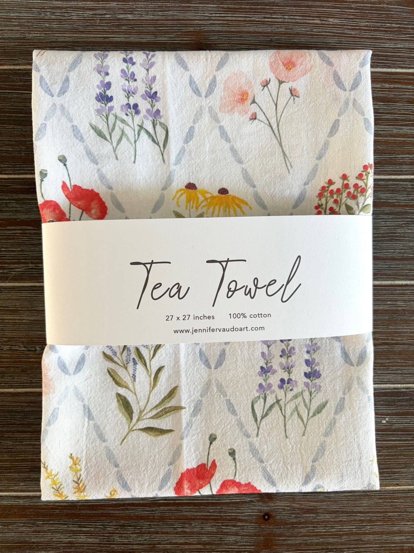 Jennifer Vaudo Art - Tea Towel, Pastel Wildflowers, Floral Trellis, Watercolor