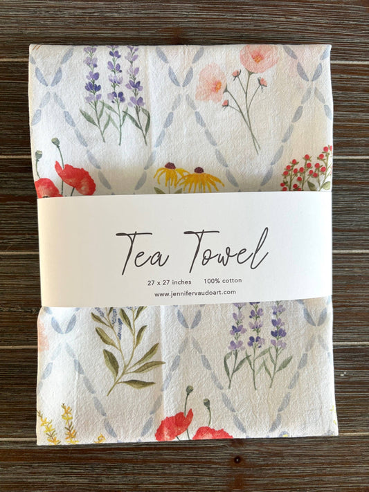 Jennifer Vaudo Art - Tea Towel, Pastel Wildflowers, Floral Trellis, Watercolor
