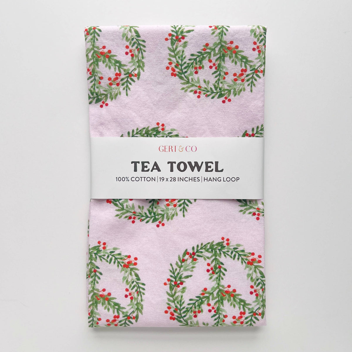 Gert & Co - Peace Wreath Christmas Tea Towel | Pink Christmas Tea Towel