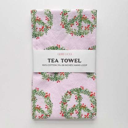 Gert & Co - Peace Wreath Christmas Tea Towel | Pink Christmas Tea Towel