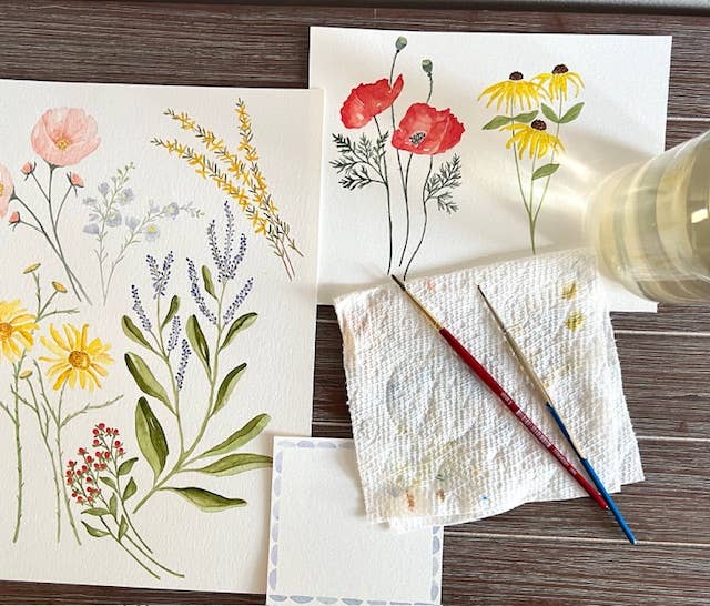 Jennifer Vaudo Art - Tea Towel, Pastel Wildflowers, Floral Trellis, Watercolor