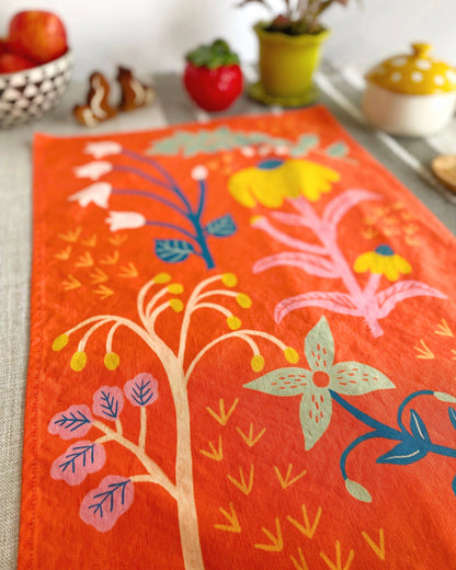 Dream Folk Studio - Coral Red Wildflowers Linen Cotton Handmade Tea Towel