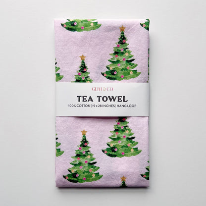 Gert & Co - Pink Christmas Tea Towel | Christmas Trees on Pink Tea Towel