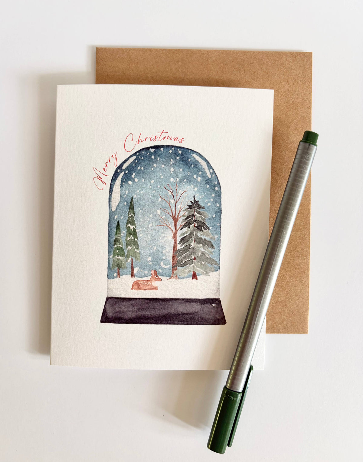 Jennifer Vaudo Art - Traditional Christmas Card, Watercolor Snow Globe, Nature