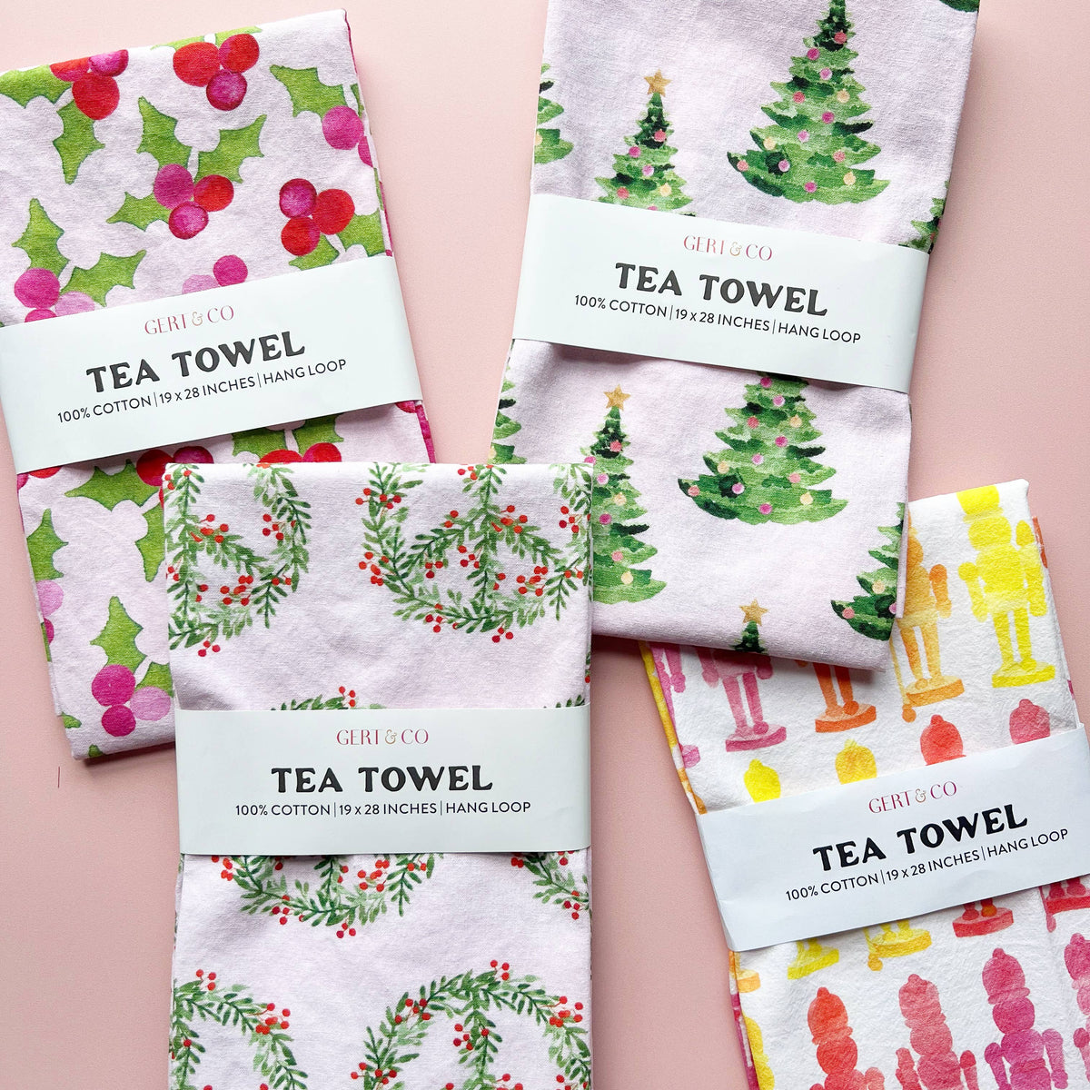 Gert & Co - Pink Christmas Tea Towel | Christmas Trees on Pink Tea Towel