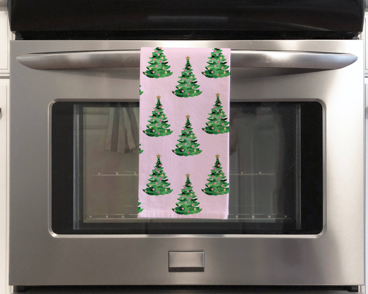 Gert & Co - Pink Christmas Tea Towel | Christmas Trees on Pink Tea Towel