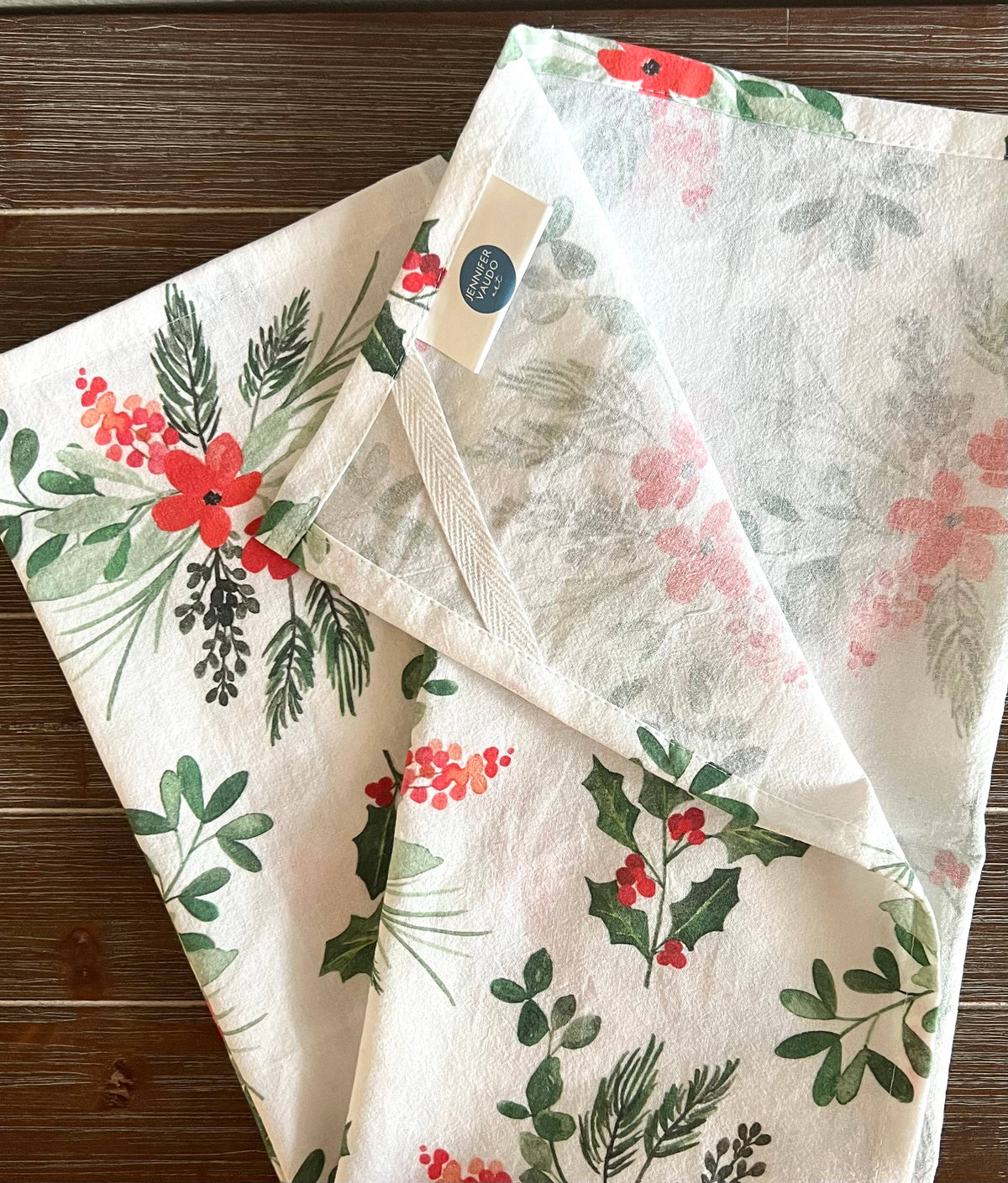 Jennifer Vaudo Art - Christmas Tea Towel, Holiday Hostess Gift, Red, Watercolor