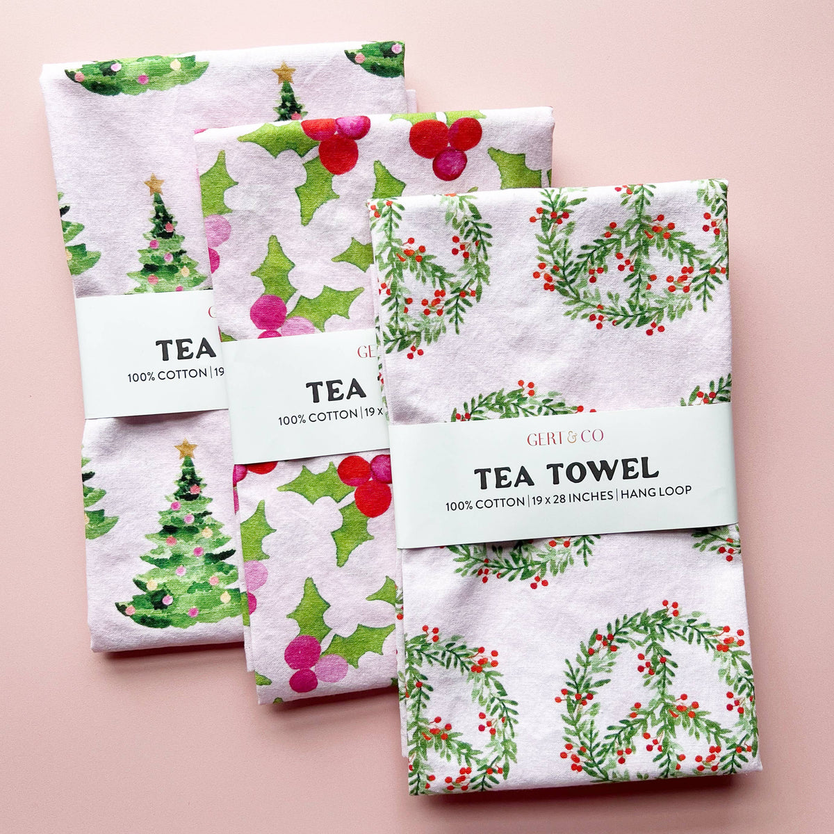 Gert & Co - Pink Christmas Tea Towel | Christmas Trees on Pink Tea Towel