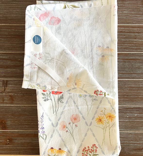 Jennifer Vaudo Art - Tea Towel, Pastel Wildflowers, Floral Trellis, Watercolor