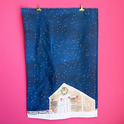 Gert & Co - Whimsical Holiday Barn Tea Towel | Holiday Barn Dish Towel