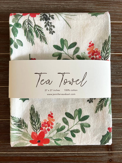 Jennifer Vaudo Art - Christmas Tea Towel, Holiday Hostess Gift, Red, Watercolor