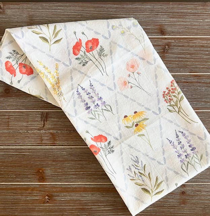 Jennifer Vaudo Art - Tea Towel, Pastel Wildflowers, Floral Trellis, Watercolor