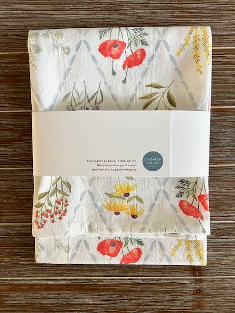 Jennifer Vaudo Art - Tea Towel, Pastel Wildflowers, Floral Trellis, Watercolor