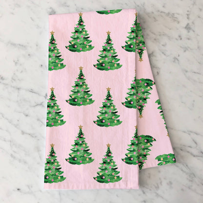 Gert & Co - Pink Christmas Tea Towel | Christmas Trees on Pink Tea Towel